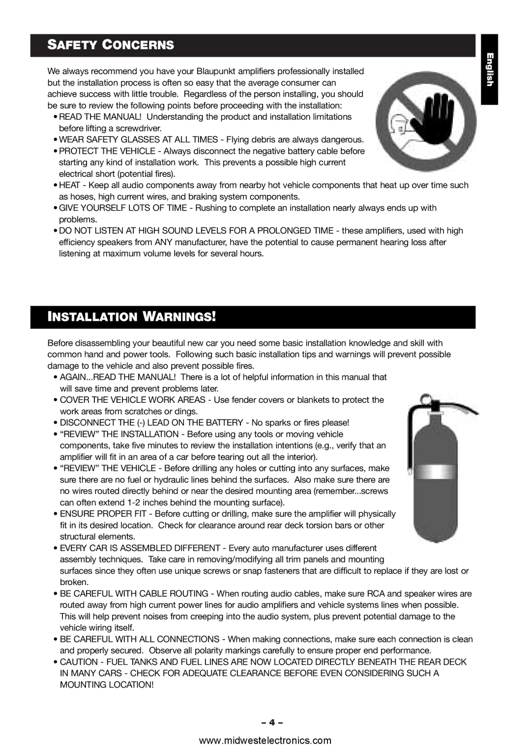 Blaupunkt VA4100 manual Safety Concerns, Installation Warnings 