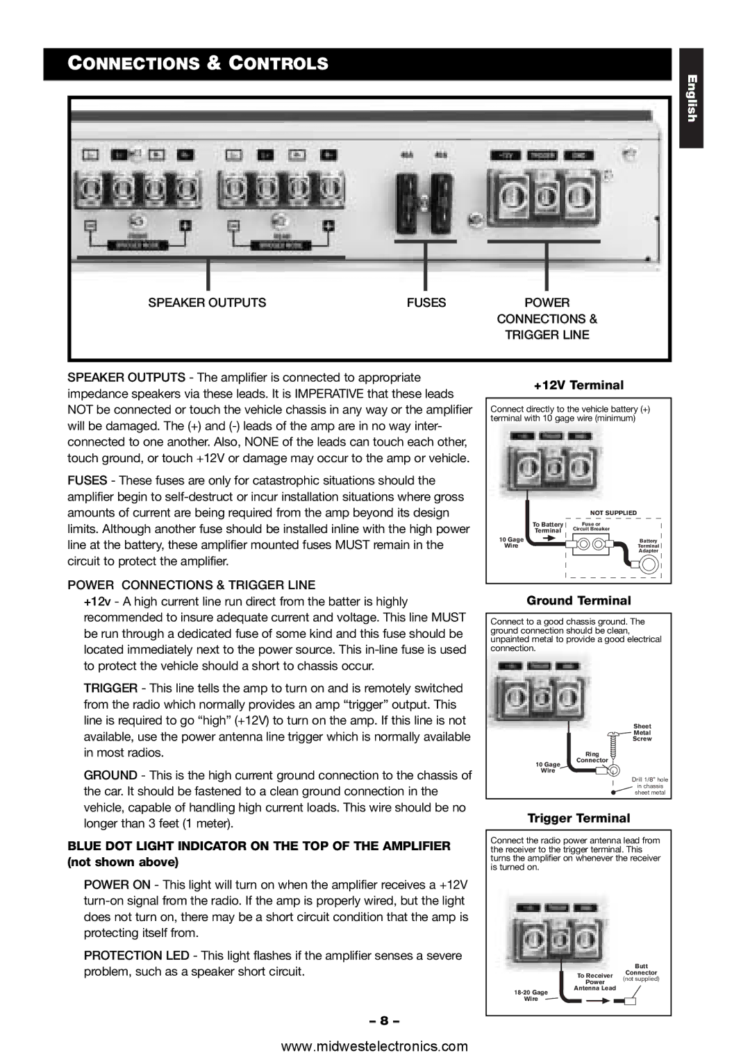 Blaupunkt VA4100 manual Speaker Outputs Fuses, Power Connections & Trigger Line 