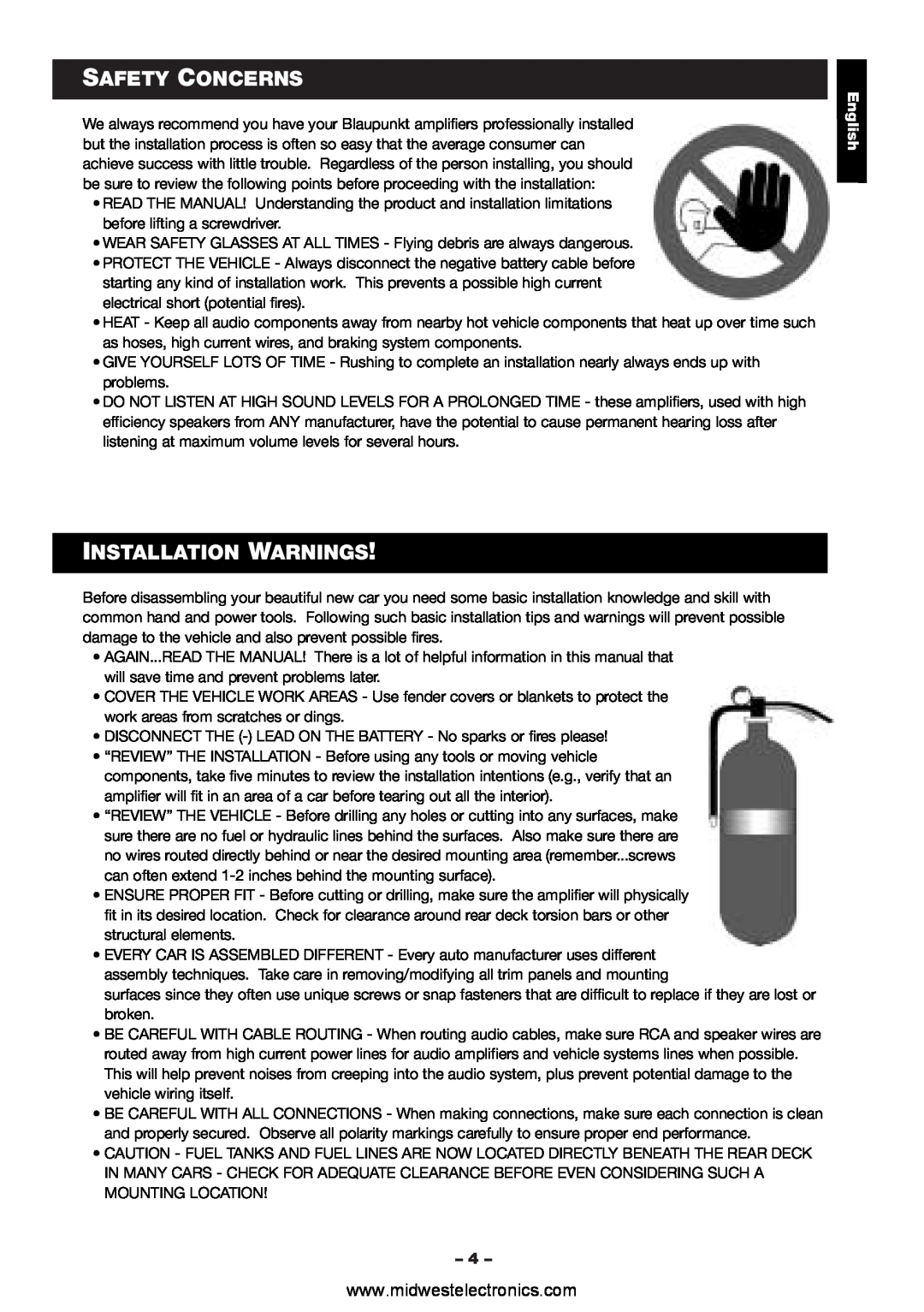 Blaupunkt VA4100 manual Safety Concerns, Installation Warnings, English 