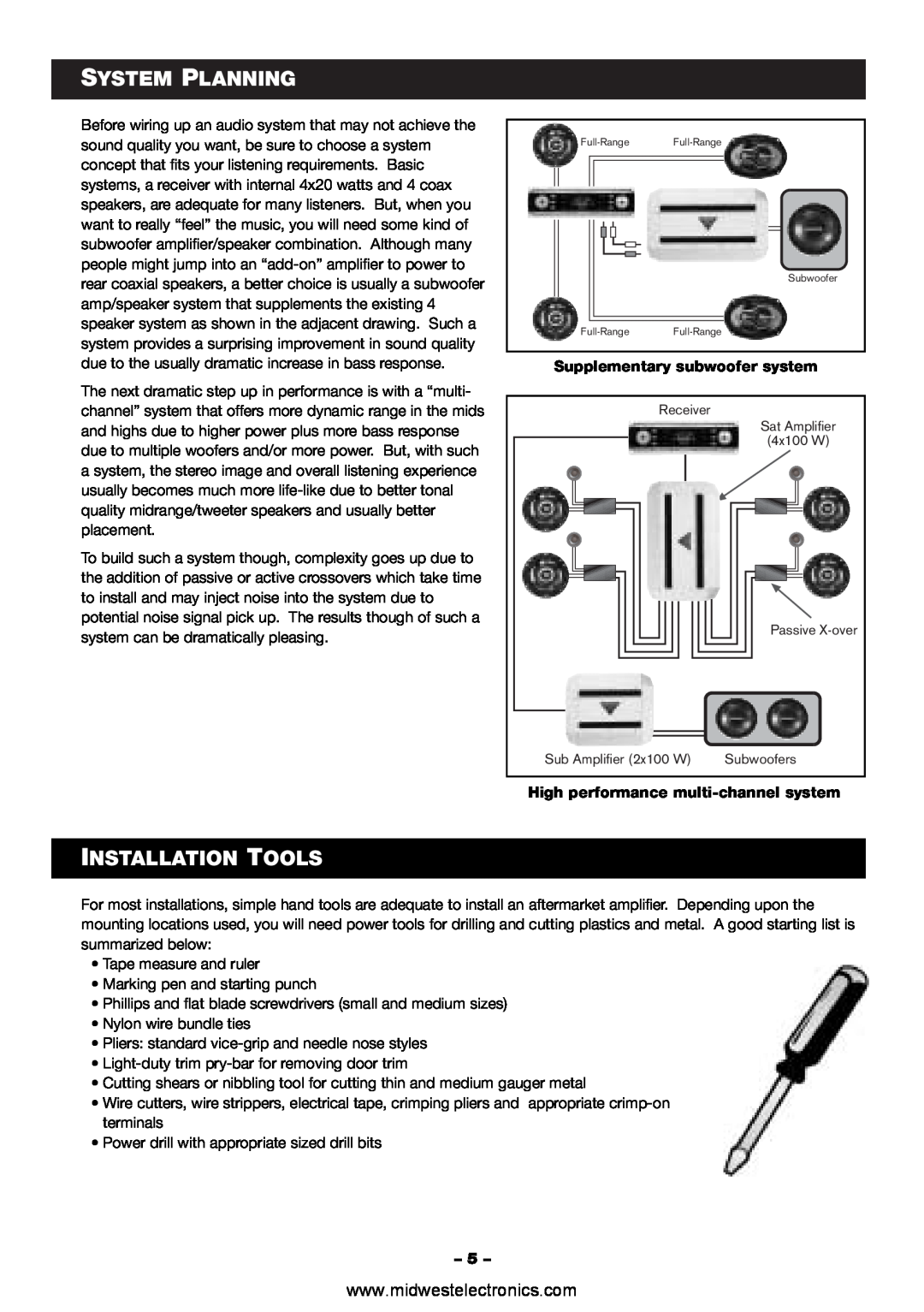 Blaupunkt VA4100 System Planning, Installation Tools, Supplementary subwoofer system, High performance multi-channelsystem 