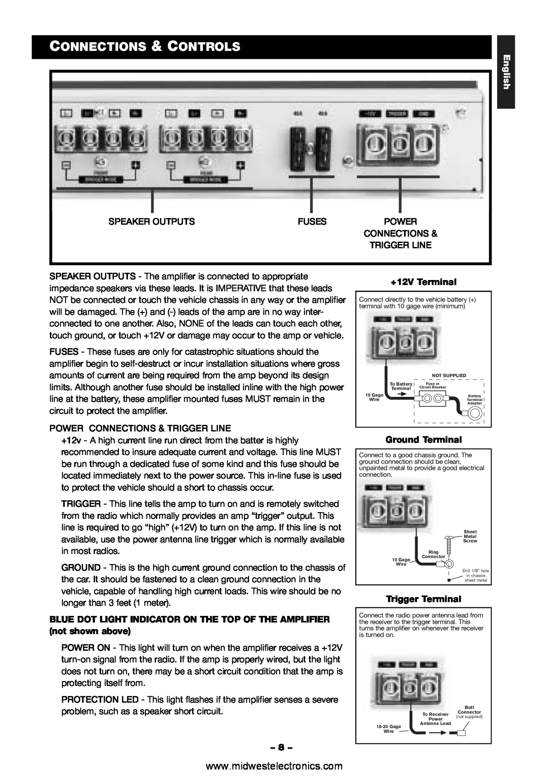 Blaupunkt VA4100 manual Connections & Controls, English, +12V Terminal, Ground Terminal, Trigger Terminal 