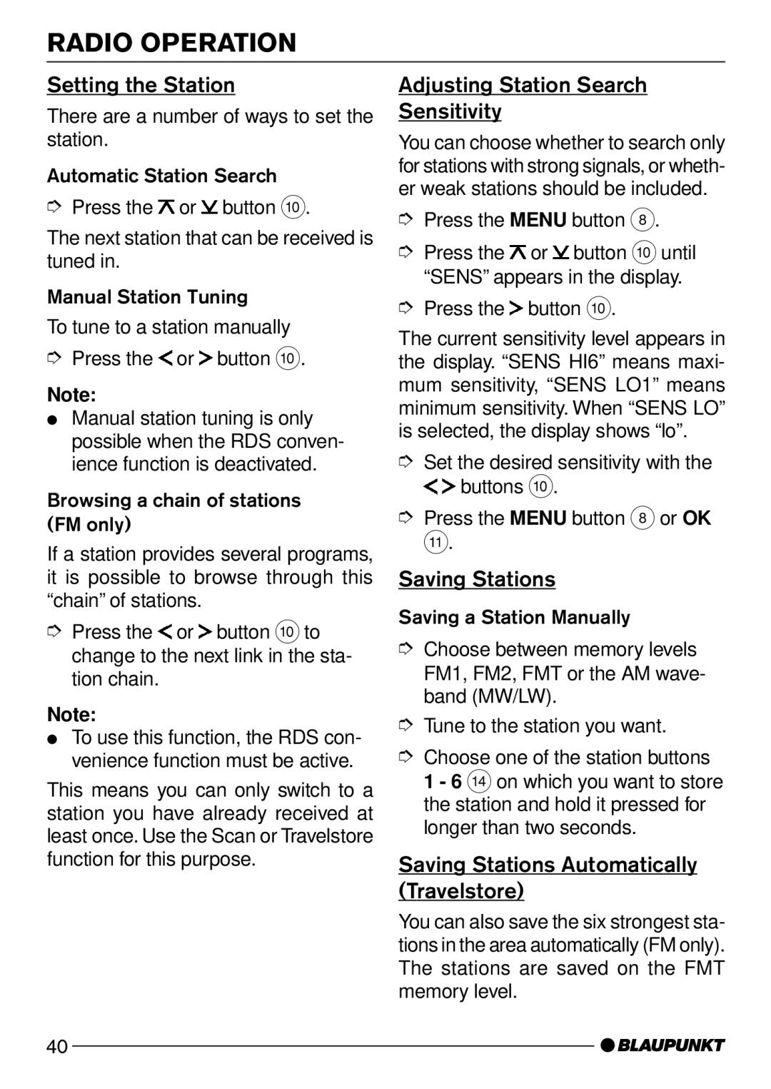 Blaupunkt Verona C51 operating instructions Setting the Station, Adjusting Station Search Sensitivity, Saving Stations 