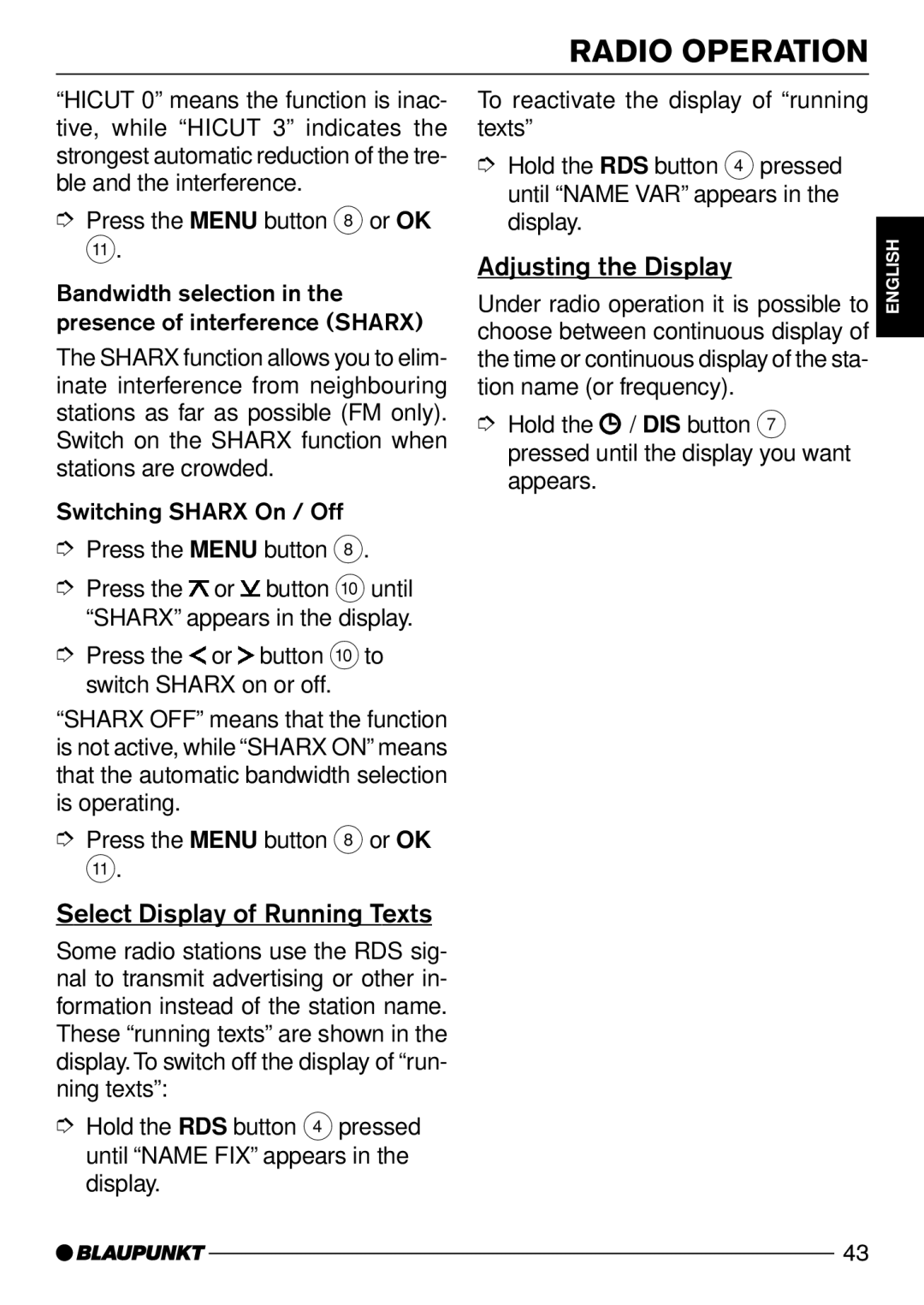 Blaupunkt Verona C51 operating instructions Select Display of Running Texts, Adjusting the Display 