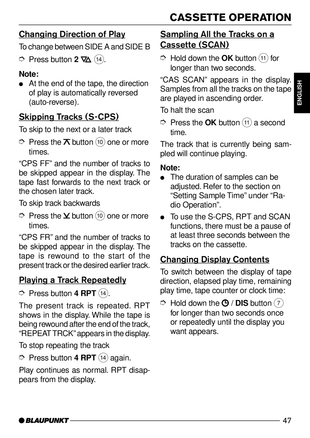 Blaupunkt Verona C51 operating instructions Cassette Operation 