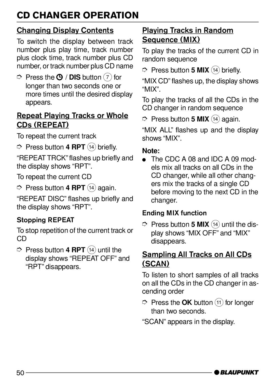 Blaupunkt Verona C51 CD Changer Operation, Repeat Playing Tracks or Whole CDs Repeat, Sampling All Tracks on All CDs Scan 