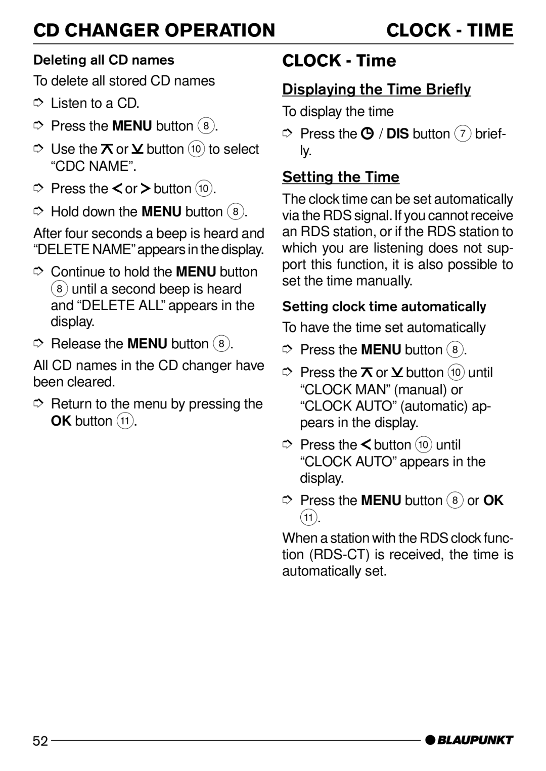 Blaupunkt Verona C51 operating instructions CD Changer Operation Clock Time, Displaying the Time Briefly, Setting the Time 