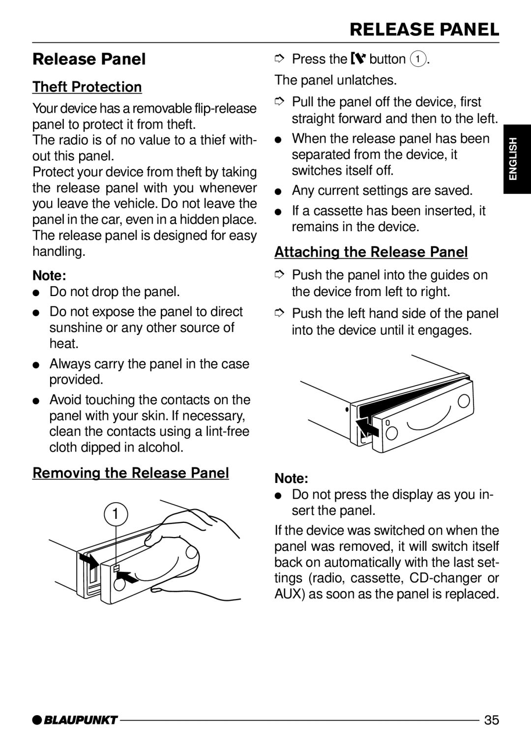 Blaupunkt Verona C51 operating instructions Theft Protection, Removing the Release Panel, Attaching the Release Panel 