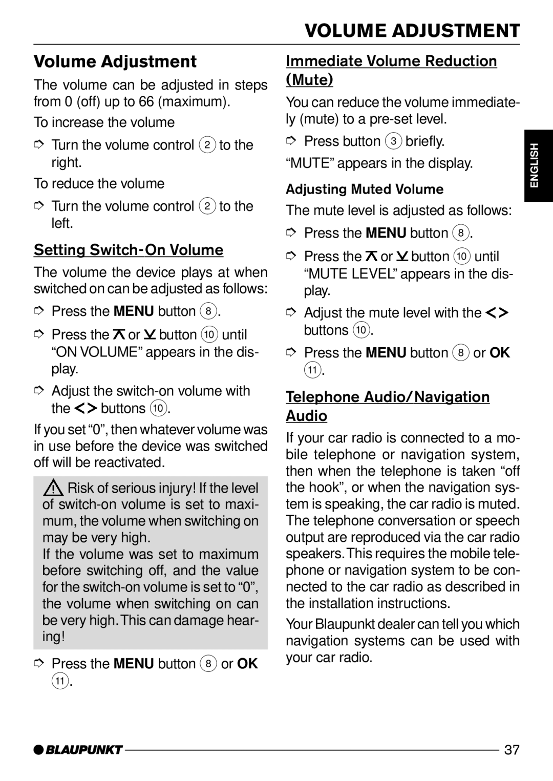 Blaupunkt Verona C51 operating instructions Volume Adjustment, Setting Switch-On Volume, Immediate Volume Reduction Mute 