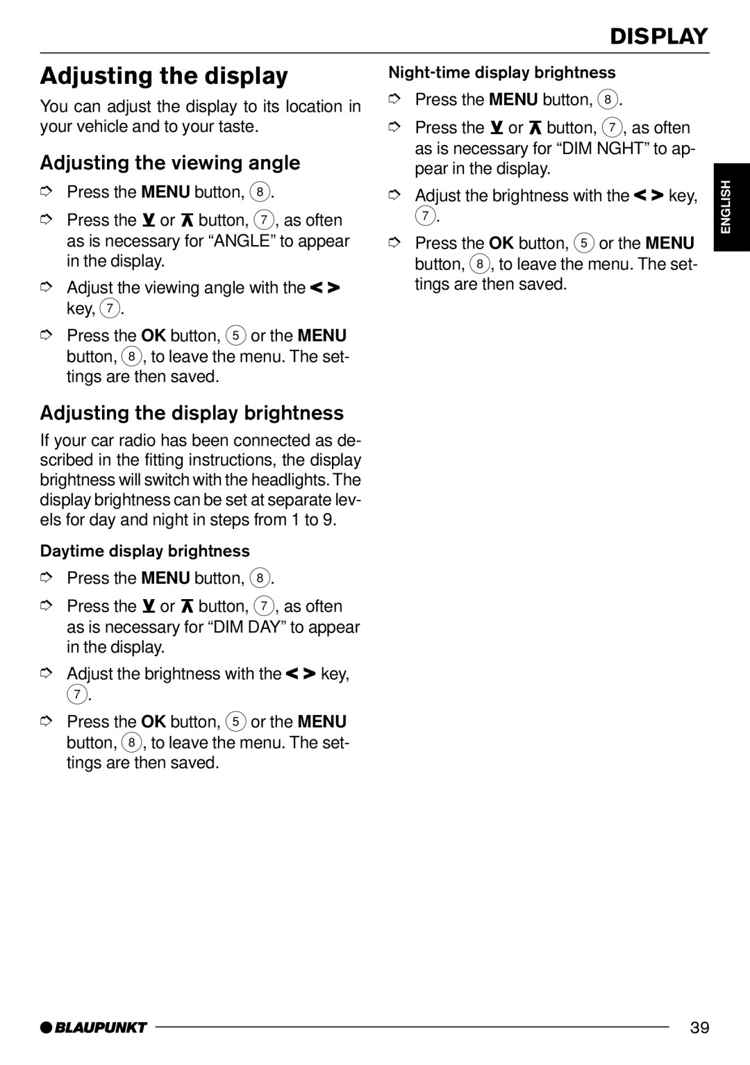 Blaupunkt Arizona DJ70, Washington DJ70 Display, Adjusting the viewing angle, Adjusting the display brightness 