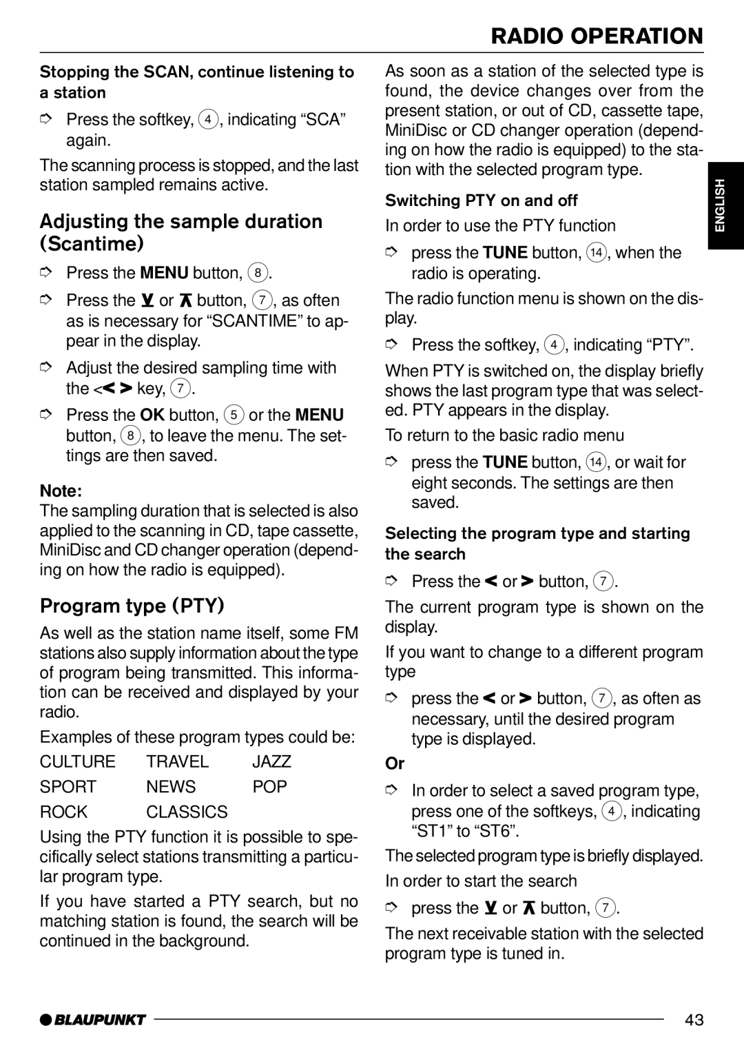 Blaupunkt Missouri DJ70, Washington DJ70, Arizona DJ70, Milano C70 Adjusting the sample duration Scantime, Program type PTY 