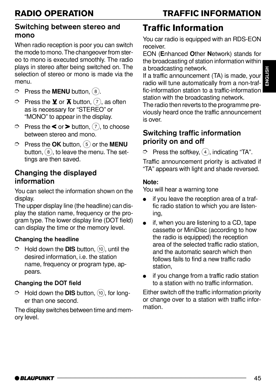 Blaupunkt Milano C70, Washington DJ70 Radio Operation Traffic Information, Switching between stereo and mono 