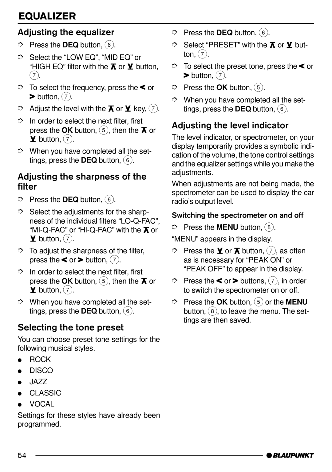 Blaupunkt Arizona DJ70 Adjusting the equalizer, Adjusting the sharpness of the filter, Selecting the tone preset 