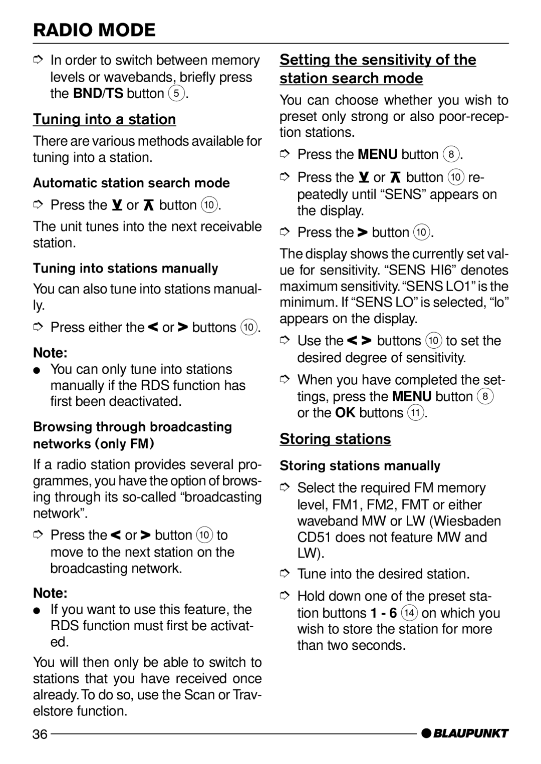 Blaupunkt Sevilla CD51 Tuning into a station, Setting the sensitivity of the station search mode, Storing stations 