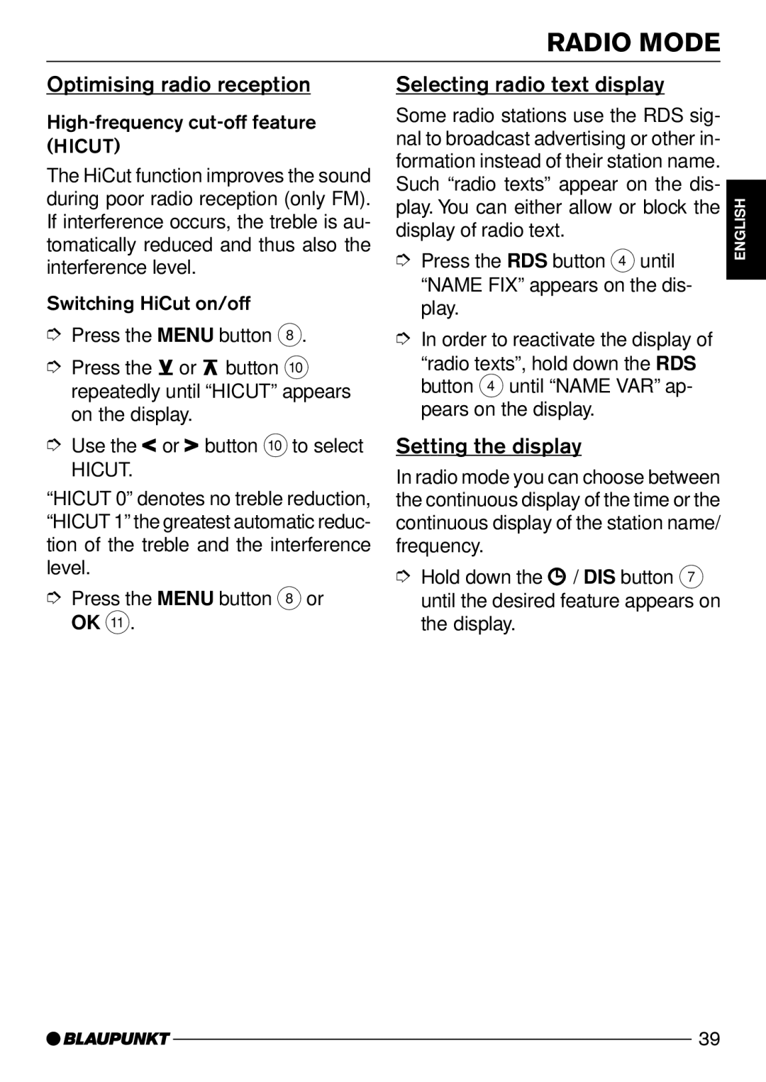 Blaupunkt Wiesbaden CD51, Sevilla CD51 Optimising radio reception, Selecting radio text display, Setting the display 