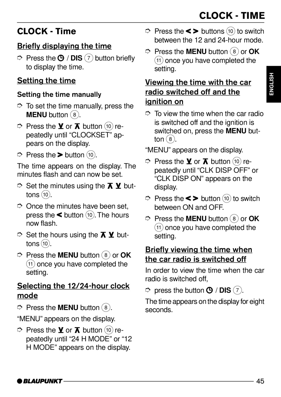 Blaupunkt Wiesbaden CD51, Sevilla CD51 operating instructions Clock Time 