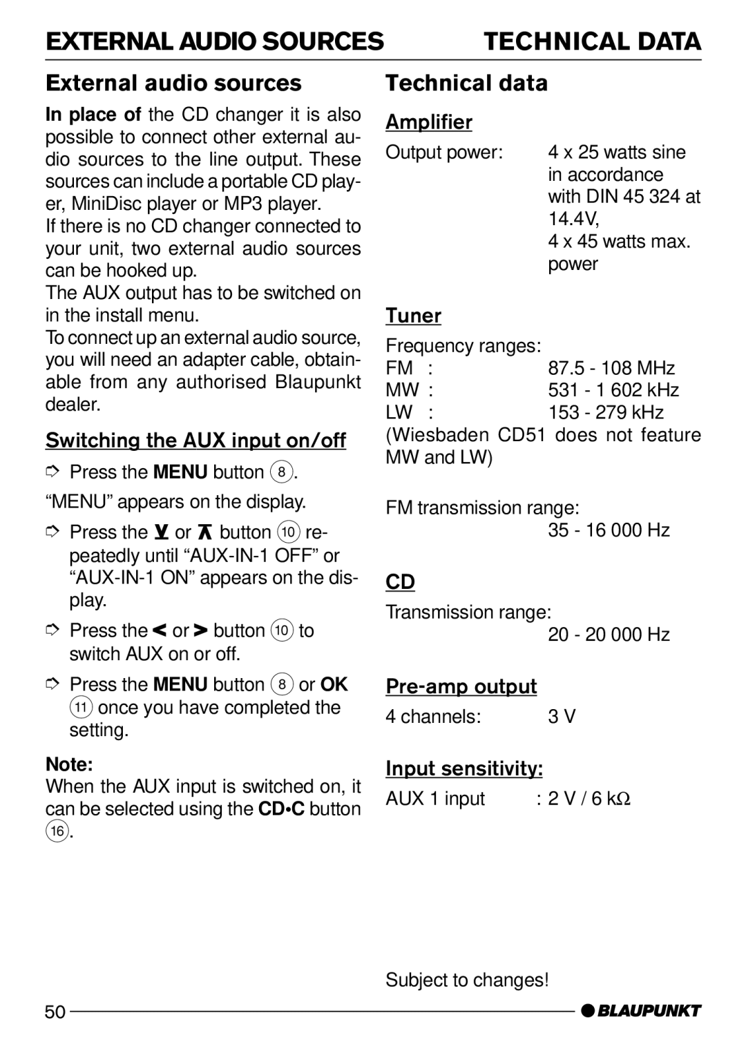 Blaupunkt Sevilla CD51, Wiesbaden CD51 operating instructions External Audio Sources, External audio sources, Technical data 