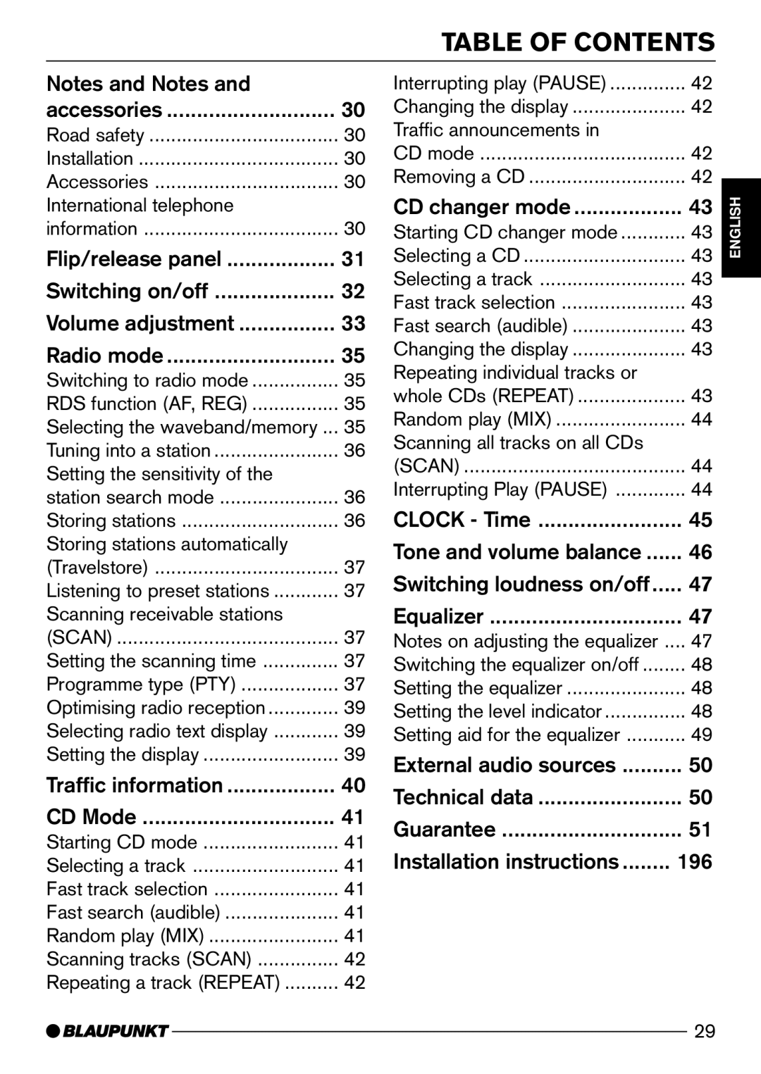 Blaupunkt Wiesbaden CD51, Sevilla CD51 operating instructions Table of Contents 