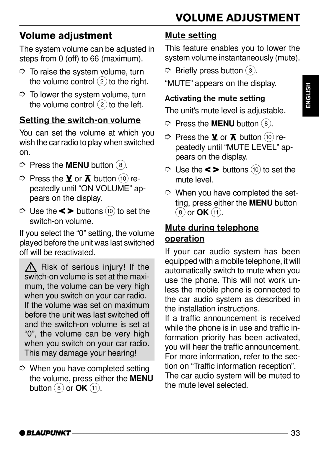 Blaupunkt Wiesbaden CD51, Sevilla CD51 Volume Adjustment, Volume adjustment, Setting the switch-on volume, Mute setting 