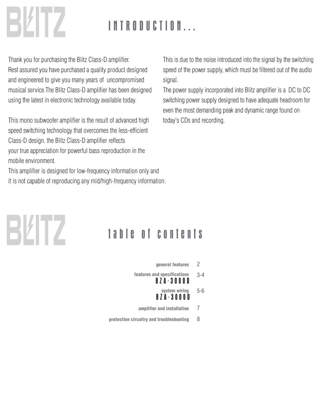 Blitz Audio BZA-3000D user manual T R O D U C T I O N, B l e o f c o n t e n t s 