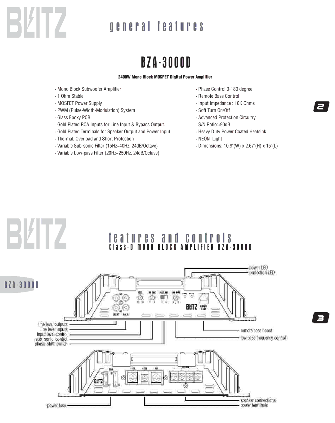 Blitz Audio BZA-3000D user manual N e r a l f e a t u r e s, A t u r e s a n d c o n t r o l s 