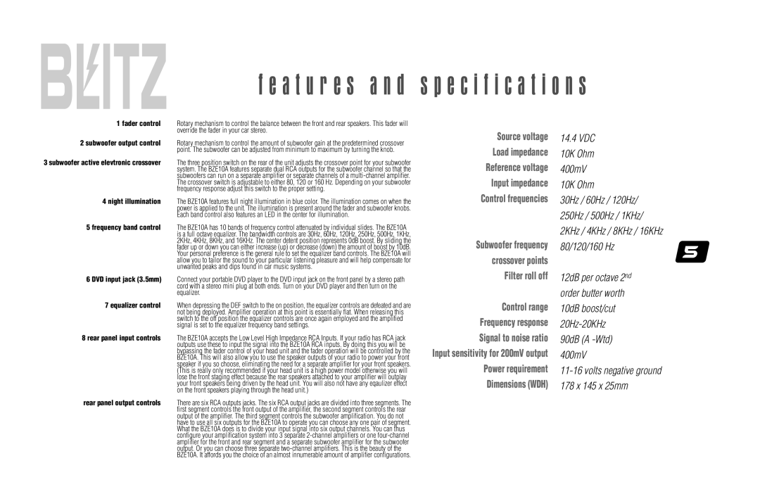 Blitz Audio BZE-10A user manual Source voltage Load impedance 