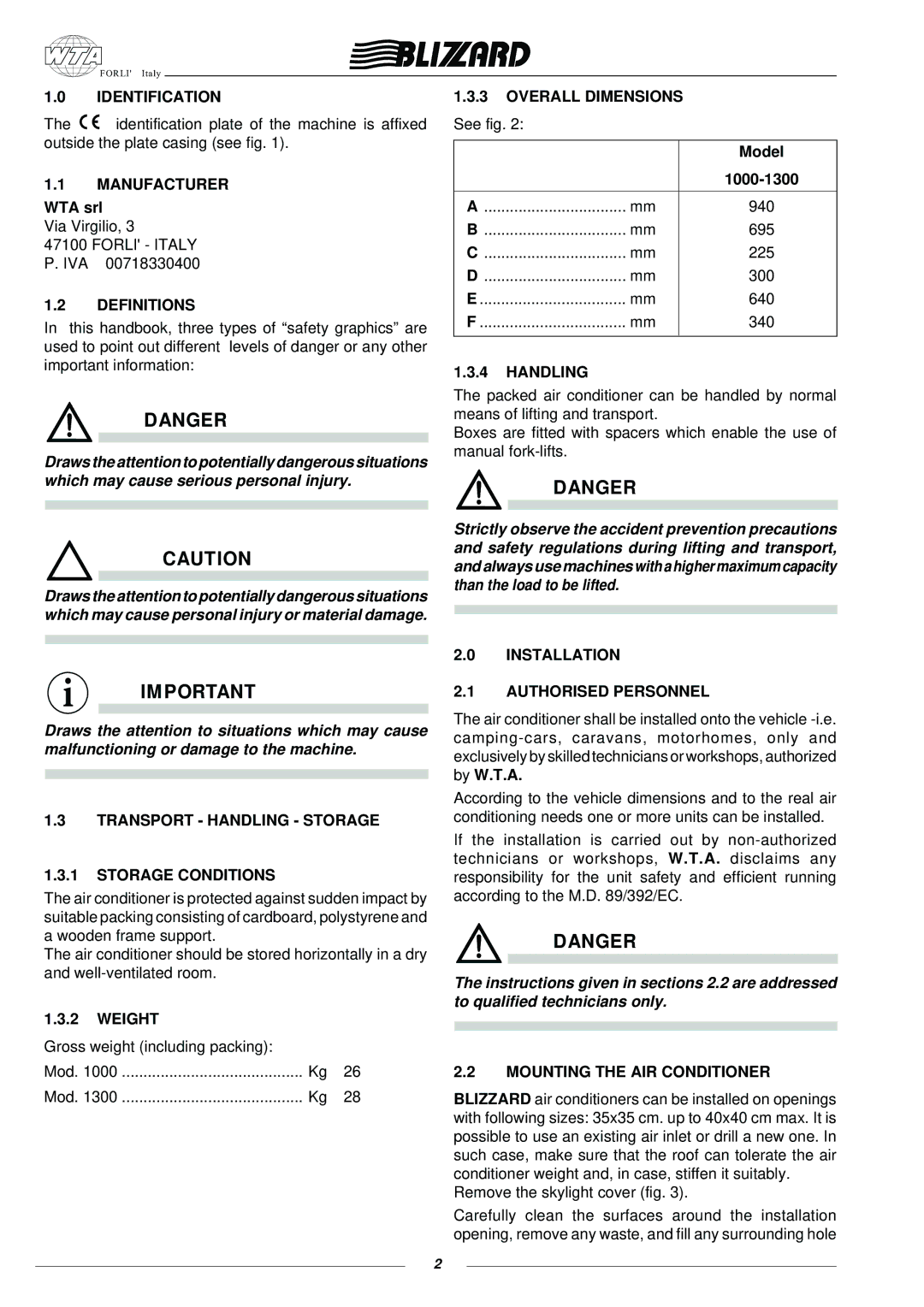 Blizzard Entertainment 1000 manual Identification, Manufacturer, Definitions, Overall Dimensions, Handling, Installation 