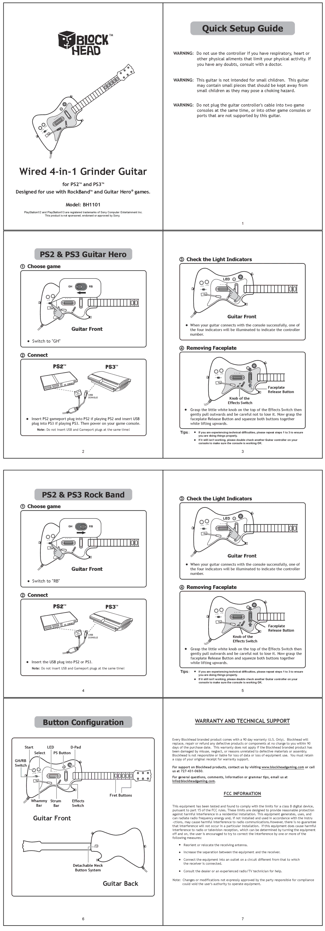 Blockhead BH1101 manual PS2 & PS3 Guitar Hero, PS2 & PS3 Rock Band, Button Configuration 