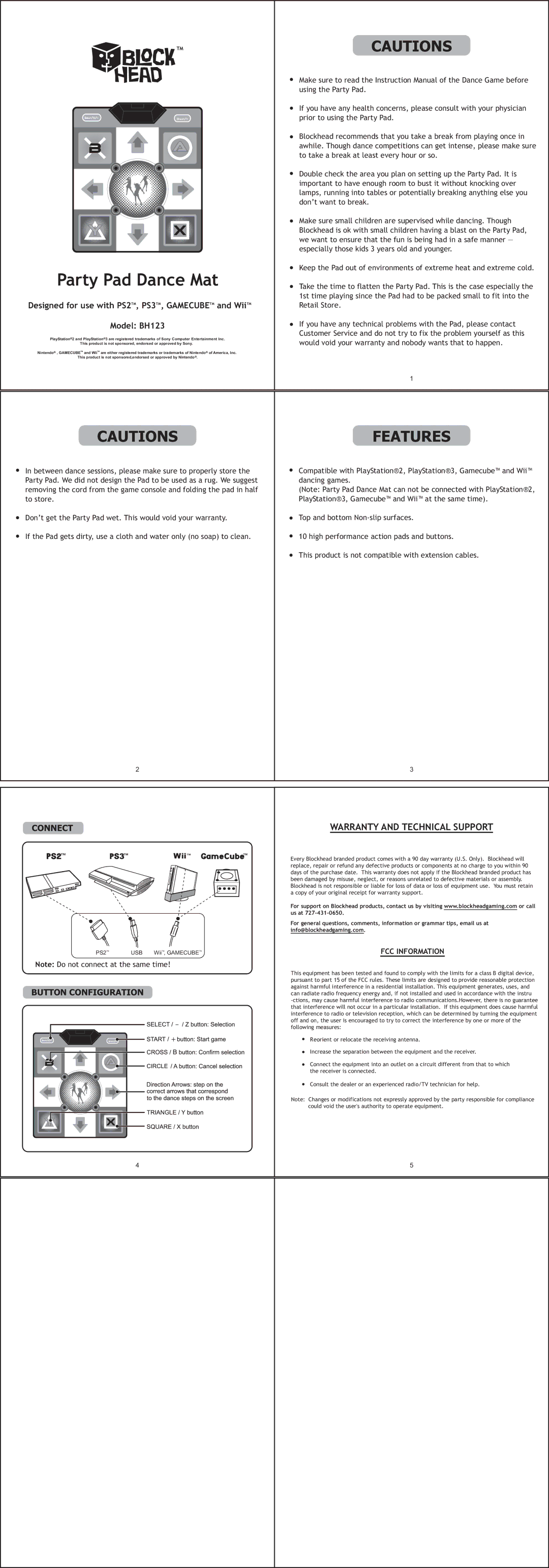 Blockhead BH123 manual Party Pad Dance Mat, Features, Warranty and Technical Support, FCC Information 