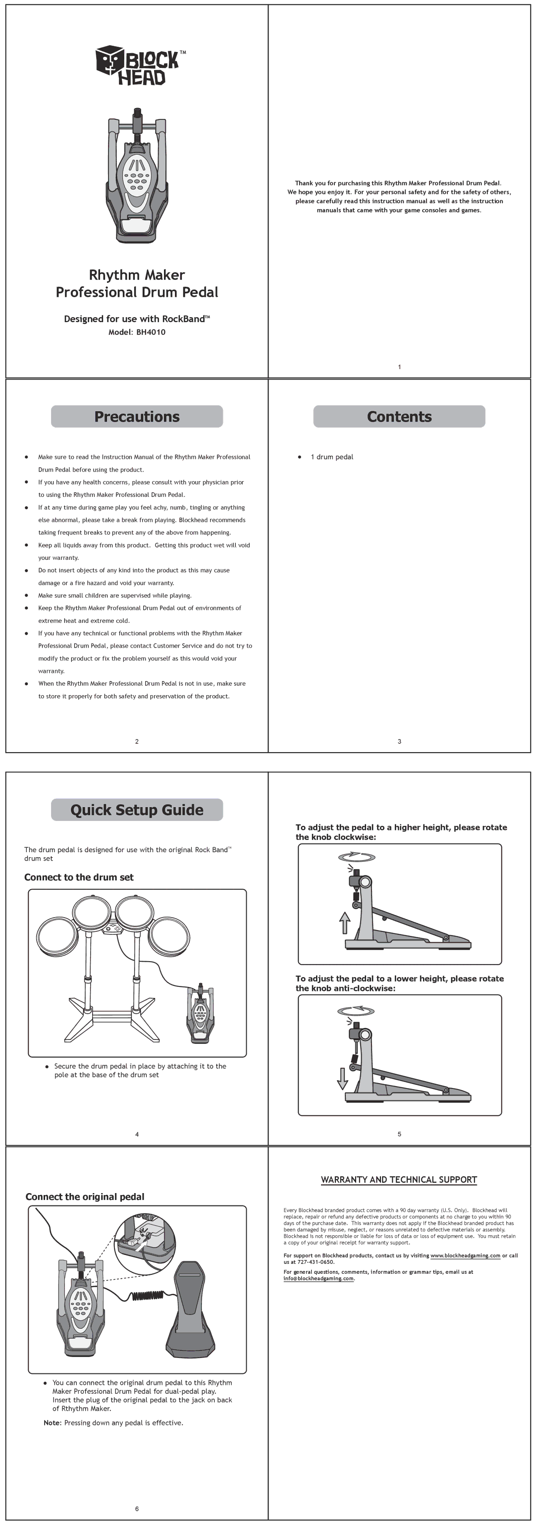 Blockhead BH4010 manual Rhythm Maker Professional Drum Pedal, Precautions, Contents, Quick Setup Guide 