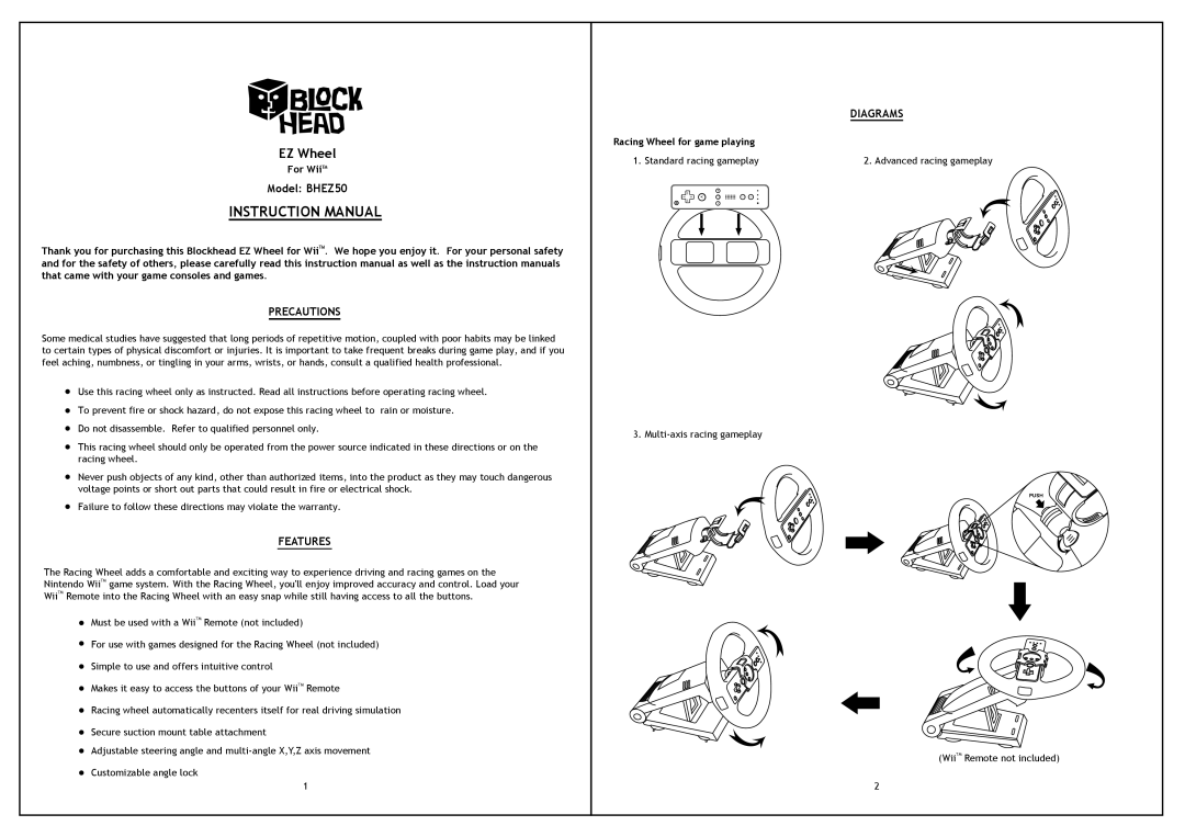 Blockhead BHEZ50 manual EZ Wheel, Precautions, Features, Diagrams 