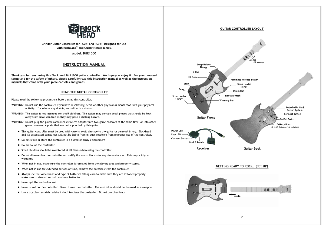 Blockhead BHR1000 manual Using the Guitar Controller, Guitar Controller Layout, Getting Ready to ROCK. SET UP, Pad 