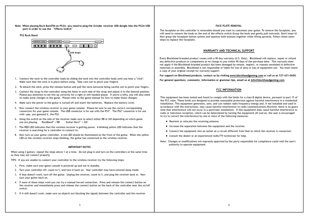 Blockhead BHR1000 Warranty and Technical Support, FCC Information, PS2 Rock Band, Important Notes, Face Plate Removal 