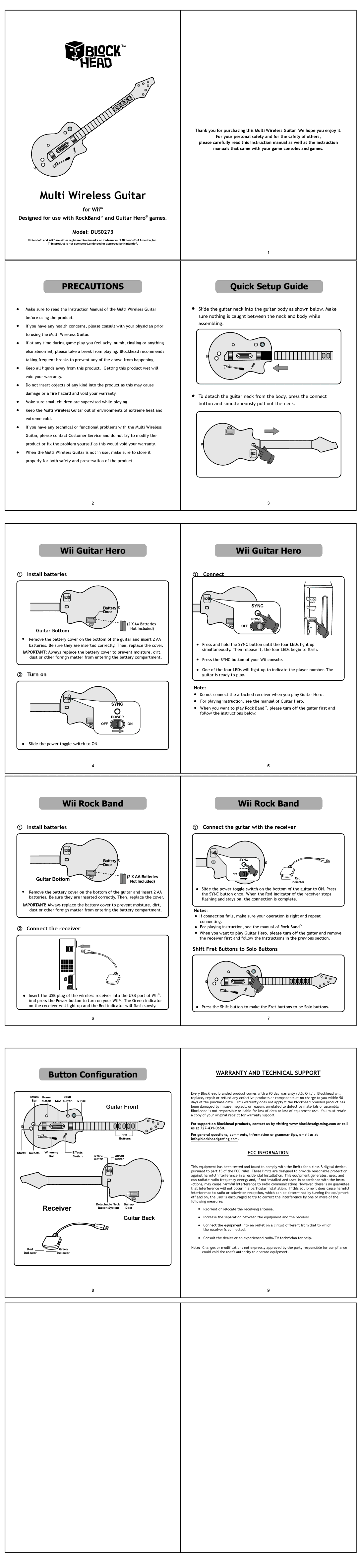 Blockhead DUS0273 manual Wii Guitar Hero, Wii Rock Band, Quick Setup Guide, Button Configuration 