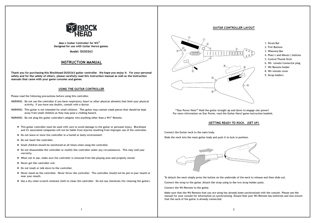 Blockhead DUS0263, Max-V manual Using the Guitar Controller, Guitar Controller Layout, Getting Ready to ROCK. SET UP 