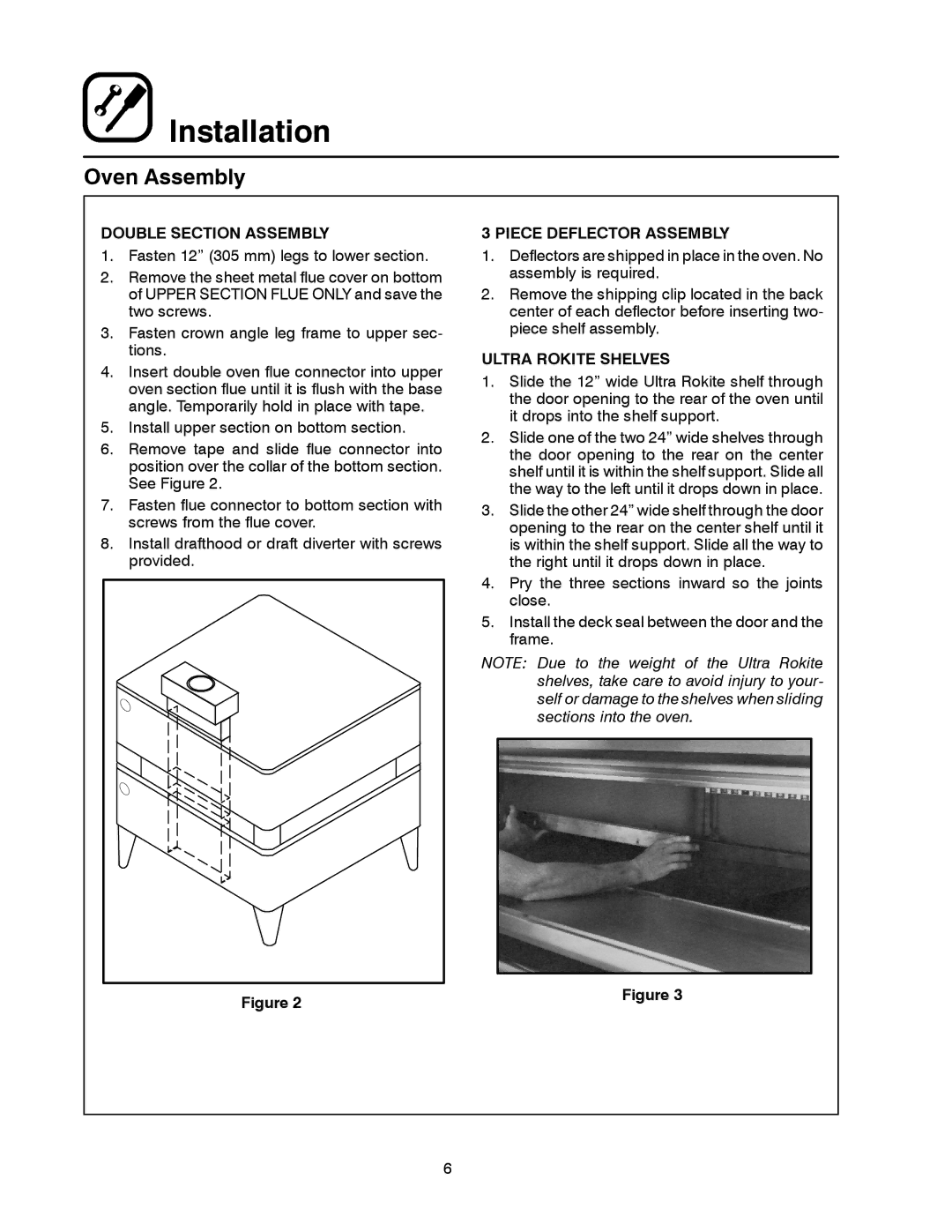 Blodgett 1060 Series manual Double Section Assembly, Piece Deflector Assembly, Ultra Rokite Shelves 