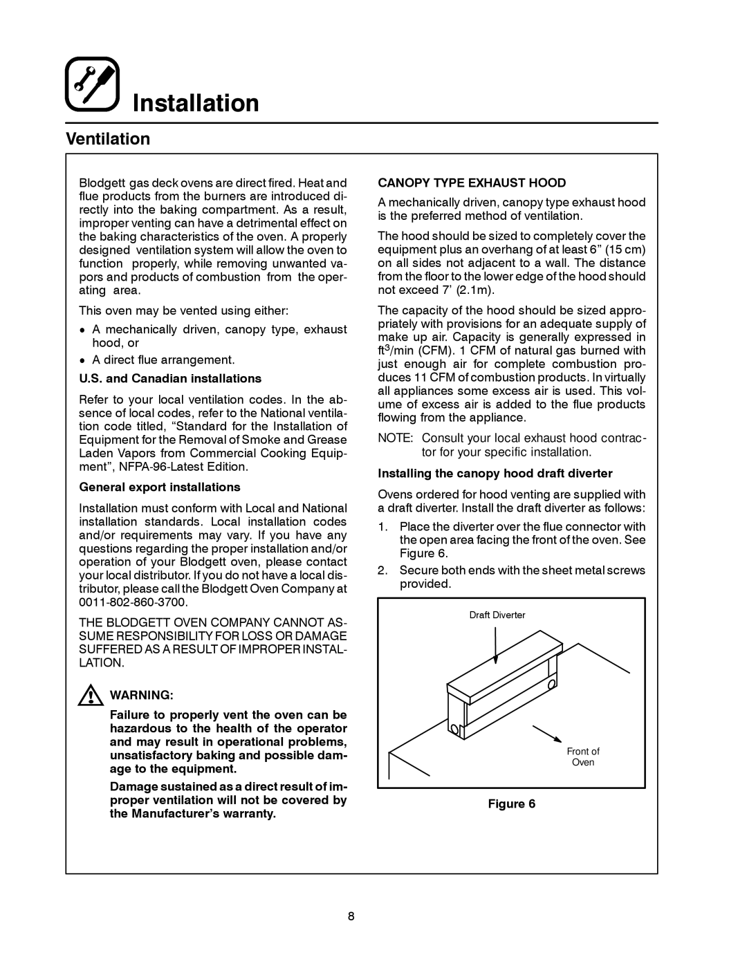 Blodgett 1060 Series manual Ventilation, Canadian installations, General export installations, Canopy Type Exhaust Hood 