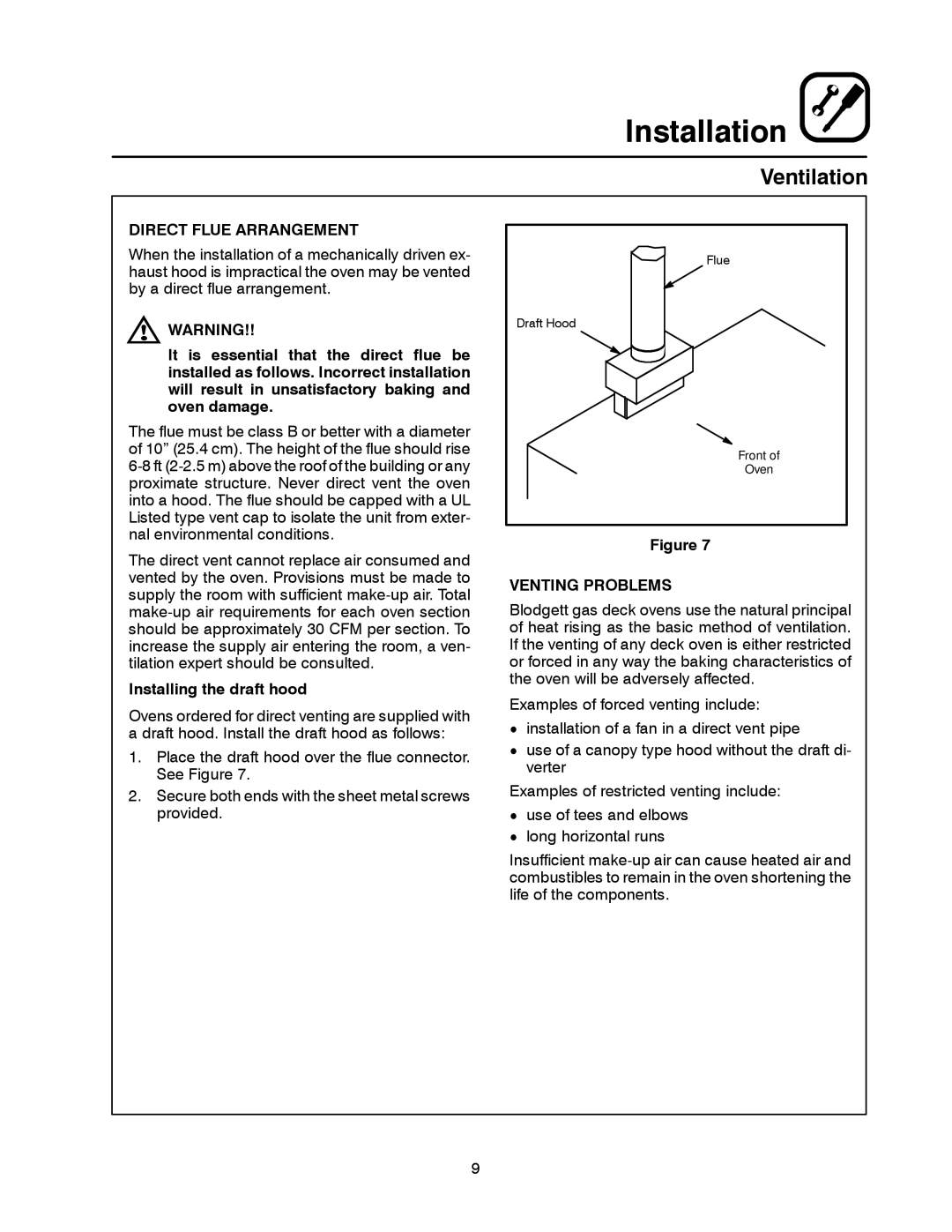 Blodgett 1060 Series manual Direct Flue Arrangement, Venting Problems, Installing the draft hood 