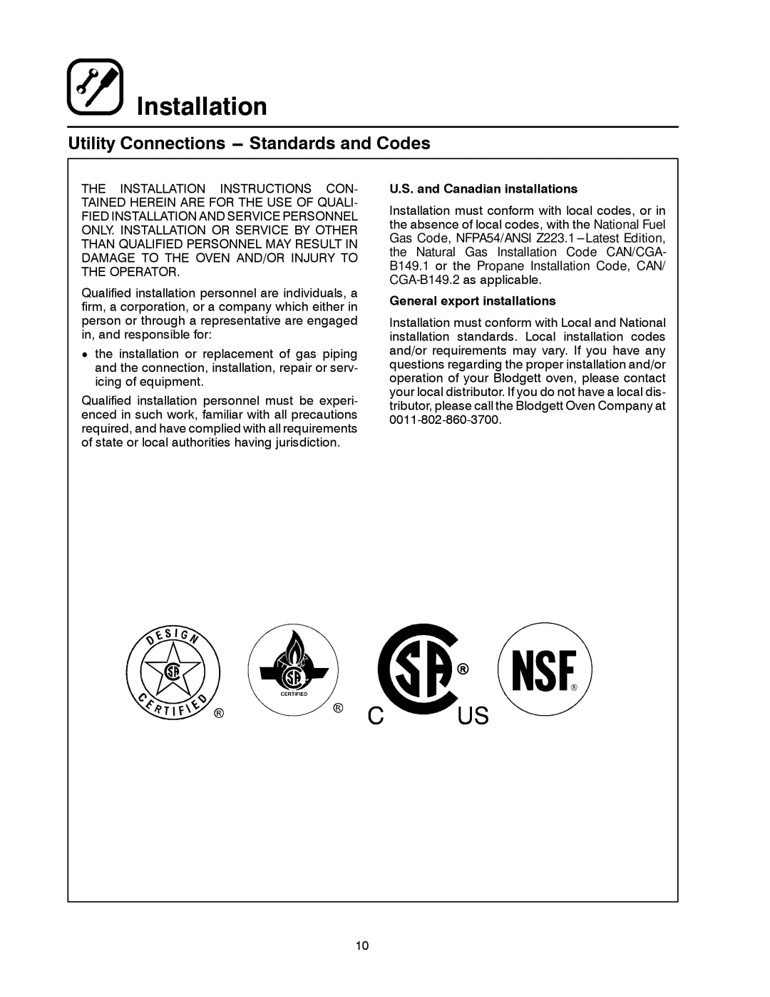 Blodgett 1060 Series manual Utility Connections --- Standards and Codes 