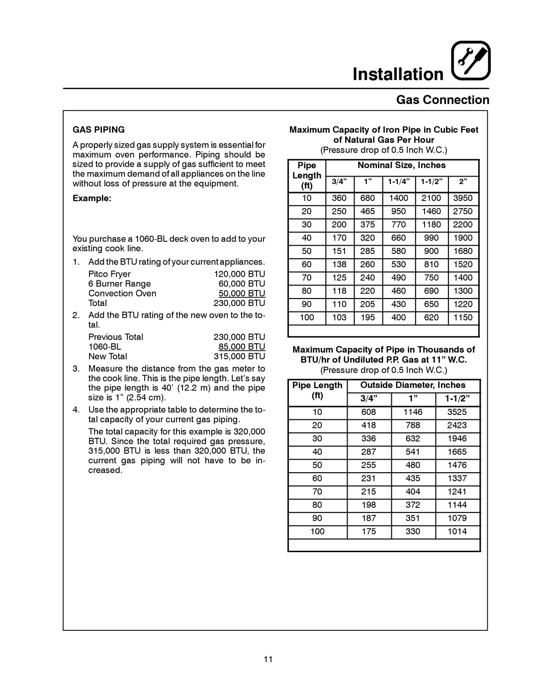 Blodgett 1060 Series manual Gas Connection, GAS Piping, Example, Pipe Nominal Size, Inches Length, Outside Diameter, Inches 