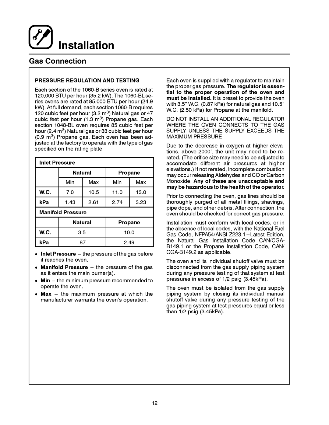 Blodgett 1060 Series manual Pressure Regulation and Testing, Inlet Pressure Natural Propane, KPa 