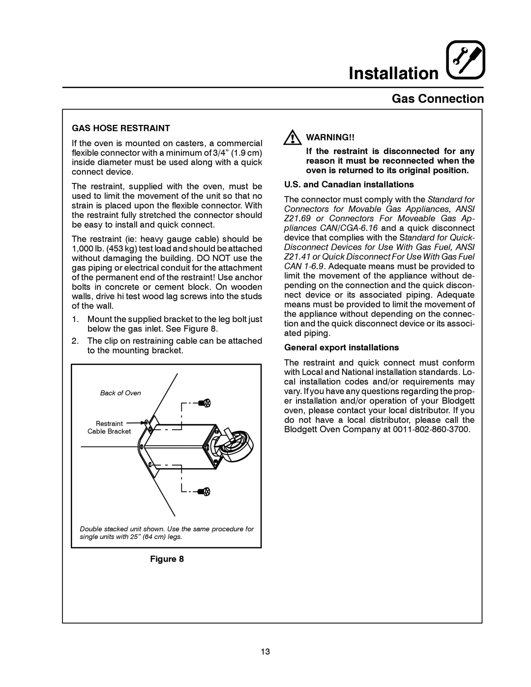 Blodgett 1060 Series manual GAS Hose Restraint, General export installations 