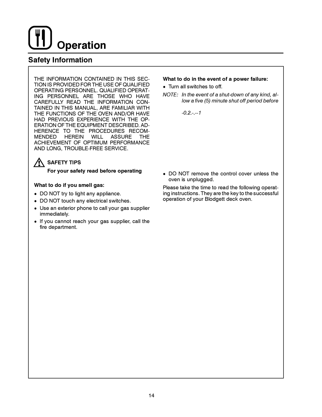 Blodgett 1060 Series manual Operation, Safety Information, Safety Tips, What to do in the event of a power failure 