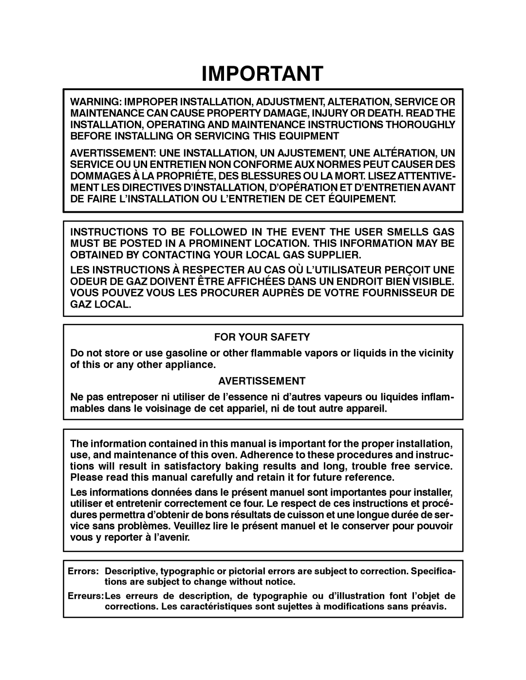 Blodgett 1060 Series manual Avertissement 