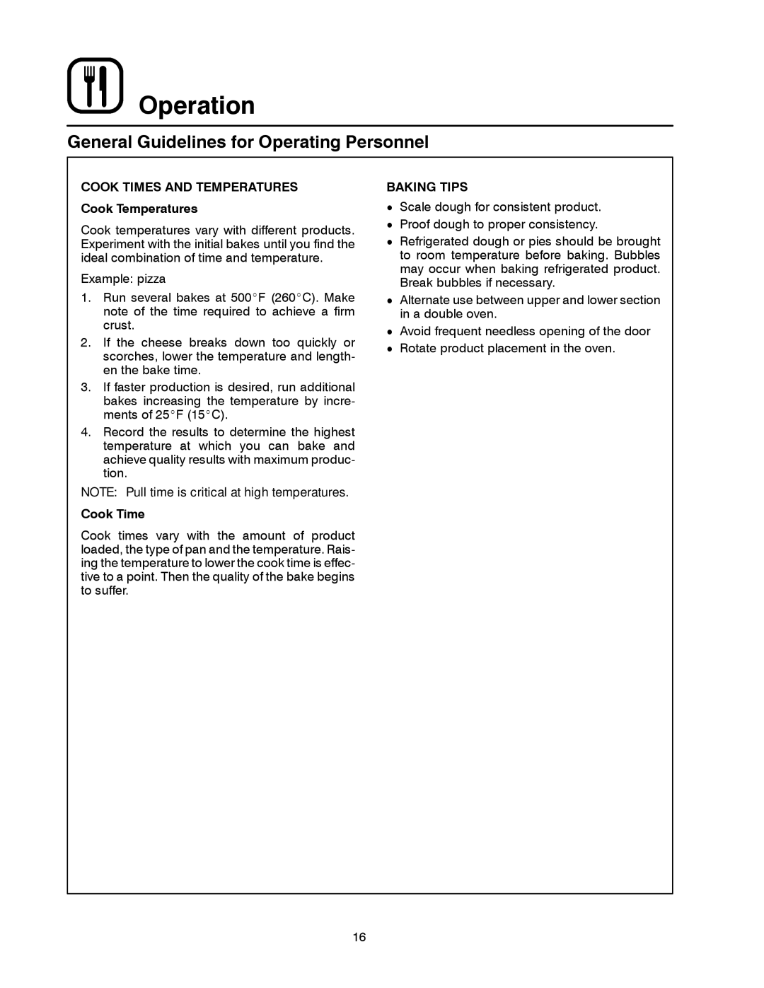 Blodgett 1060 Series manual General Guidelines for Operating Personnel, Cook Times and Temperatures Cook Temperatures 