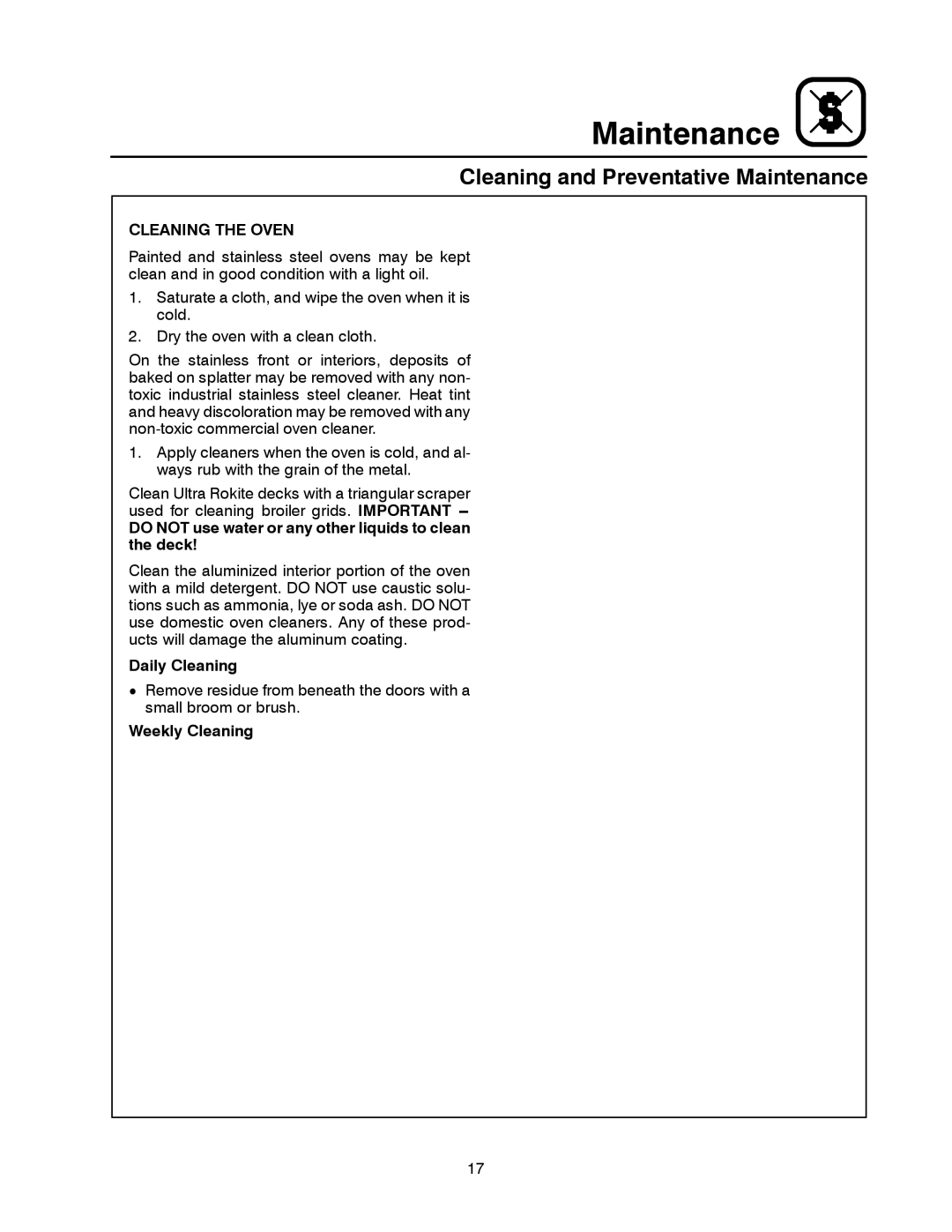 Blodgett 1060 Series manual Cleaning and Preventative Maintenance, Cleaning the Oven 