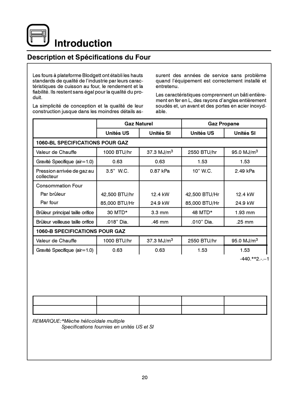 Blodgett 1060 Series manual Description et Spécifications du Four, Gaz Naturel Gaz Propane Unités US Unités SI 