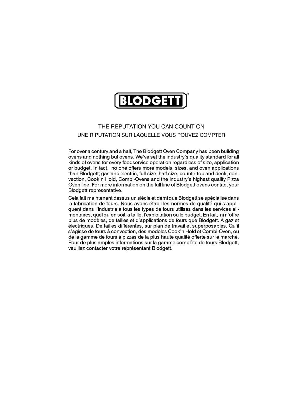 Blodgett 1060 Series manual Reputation YOU can Count on 