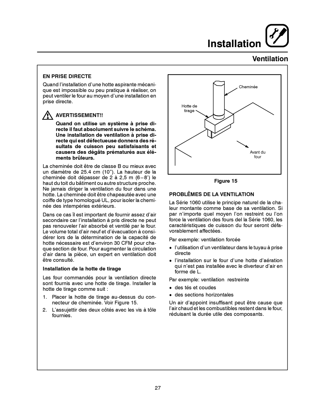 Blodgett 1060 Series EN Prise Directe, Ments brûleurs, Problêmes DE LA Ventilation, Installation de la hotte de tirage 