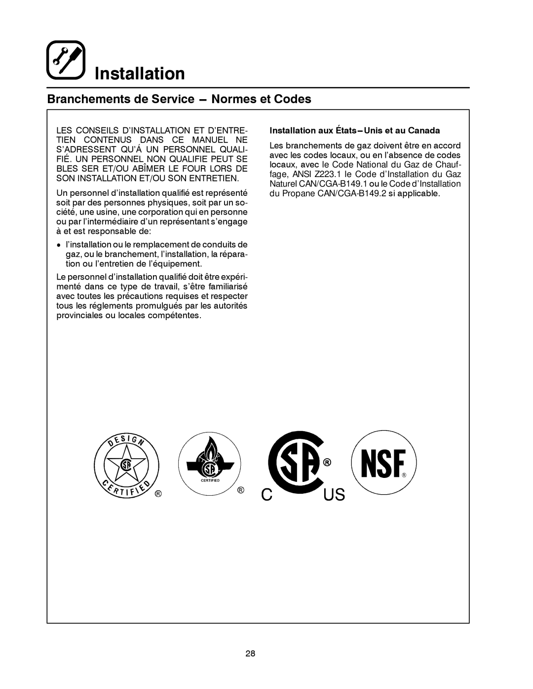 Blodgett 1060 Series manual Branchements de Service --- Normes et Codes 