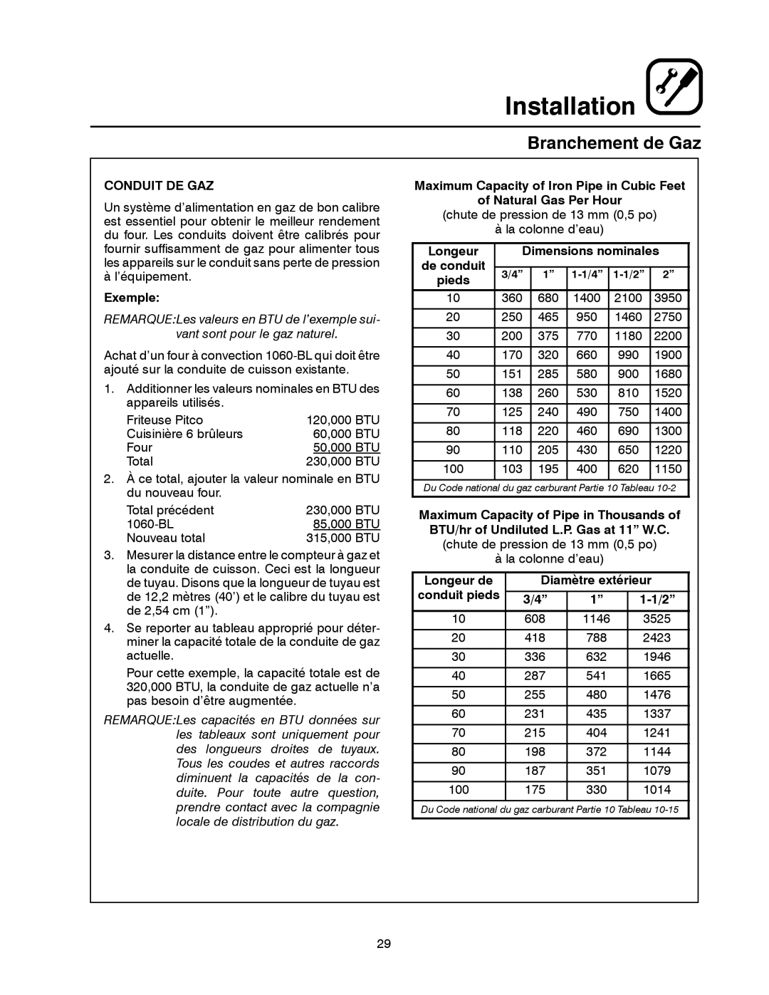 Blodgett 1060 Series manual Branchement de Gaz, Conduit DE GAZ, Exemple, Longeur Dimensions nominales De conduit Pieds 